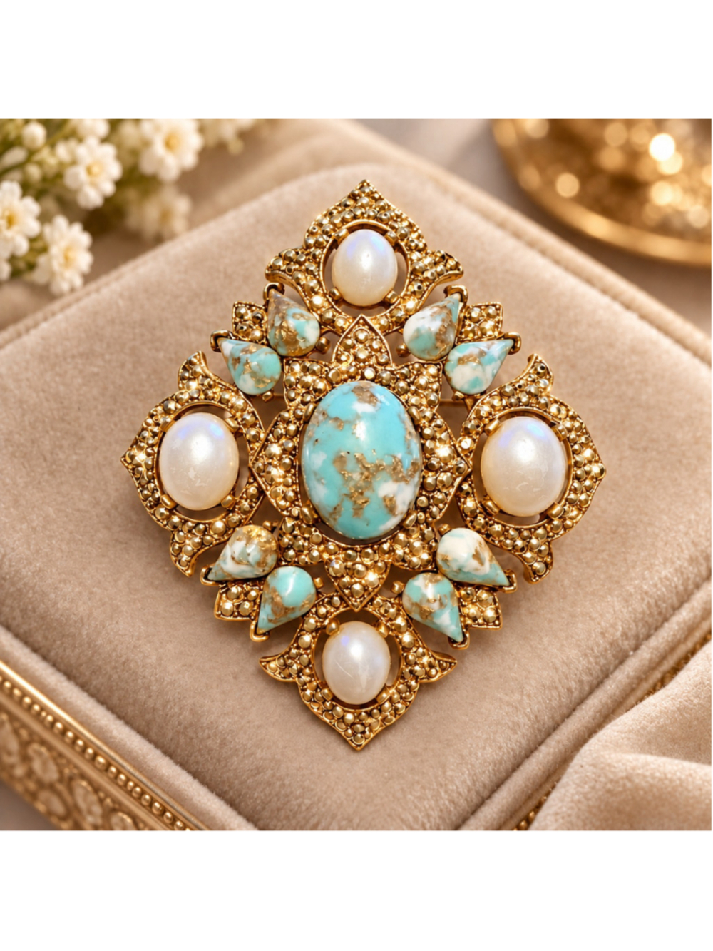 Vintage Sarah Coventry Remembrance Brooch 1968 Faux Turquoise Pearl Gold Tone